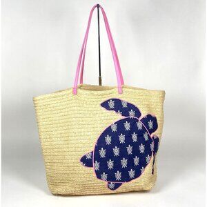Vera Bradley Straw Beach Tote Bag Sea Turtle Pink Double Handles Open Top